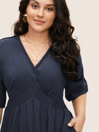 V Neck Shirred Contrast Webbing Split Side Dress