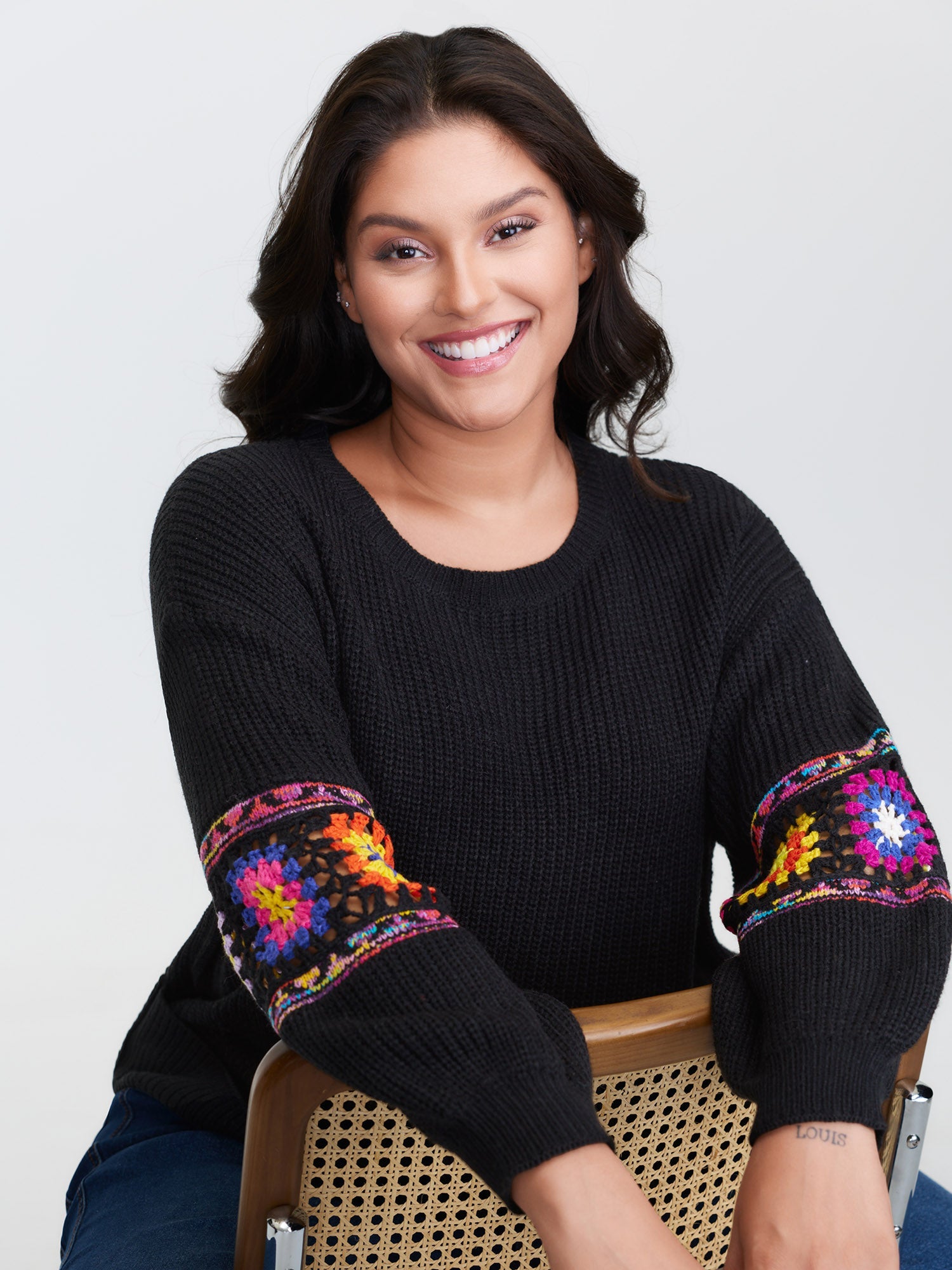 Crochet Floral Sleeve Lace Trim Pullover