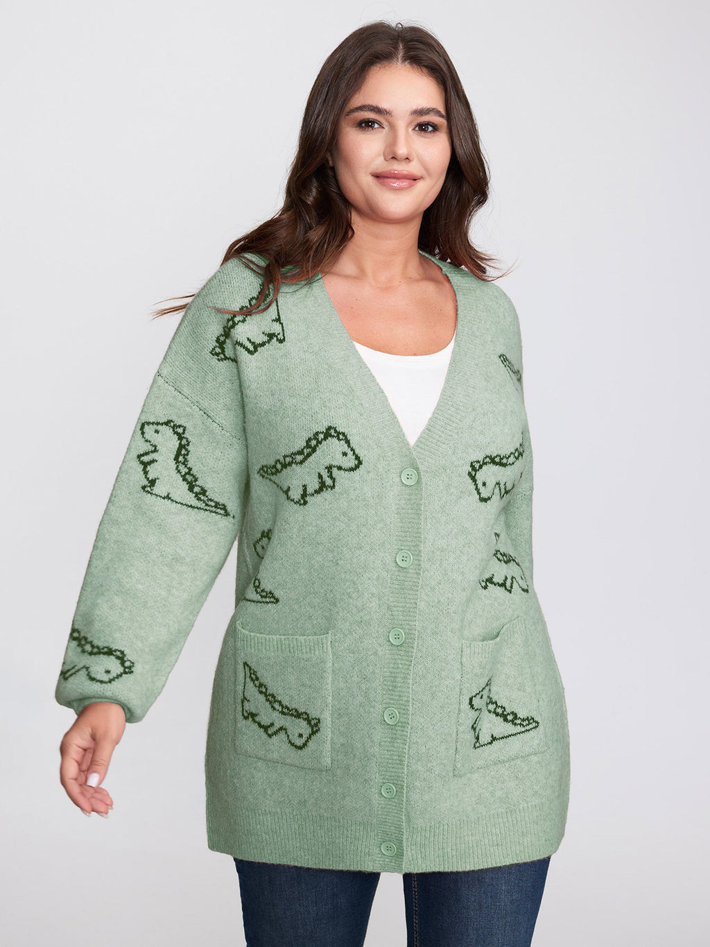 Jacquard Dinosaur Print Knit Cardigan