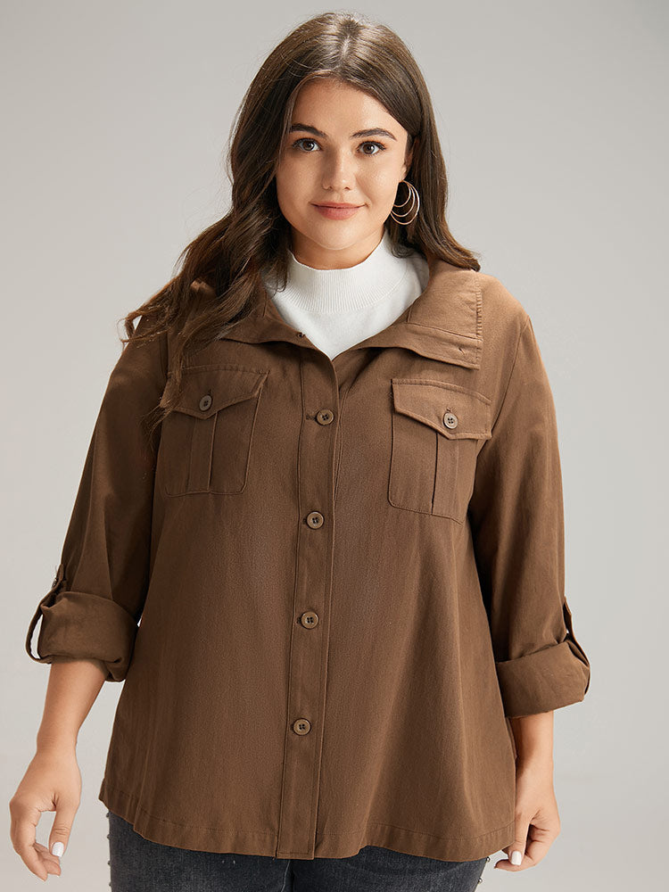 Plain Roll Tab Sleeve Button Down Coat