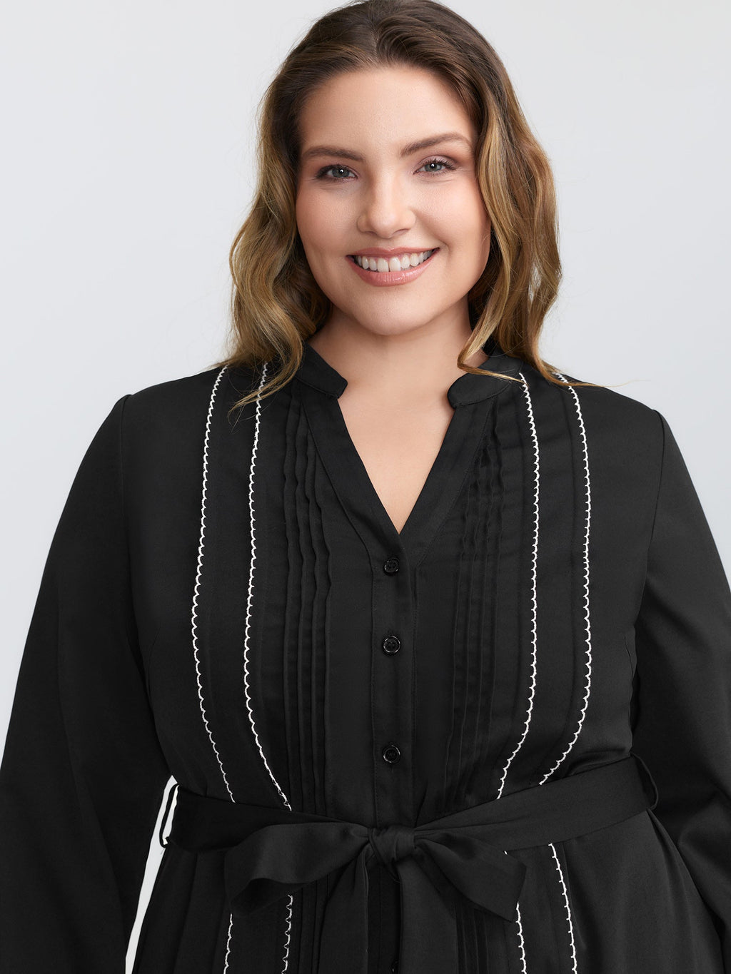 Button Front Belted Stitch Detail Midi Dress