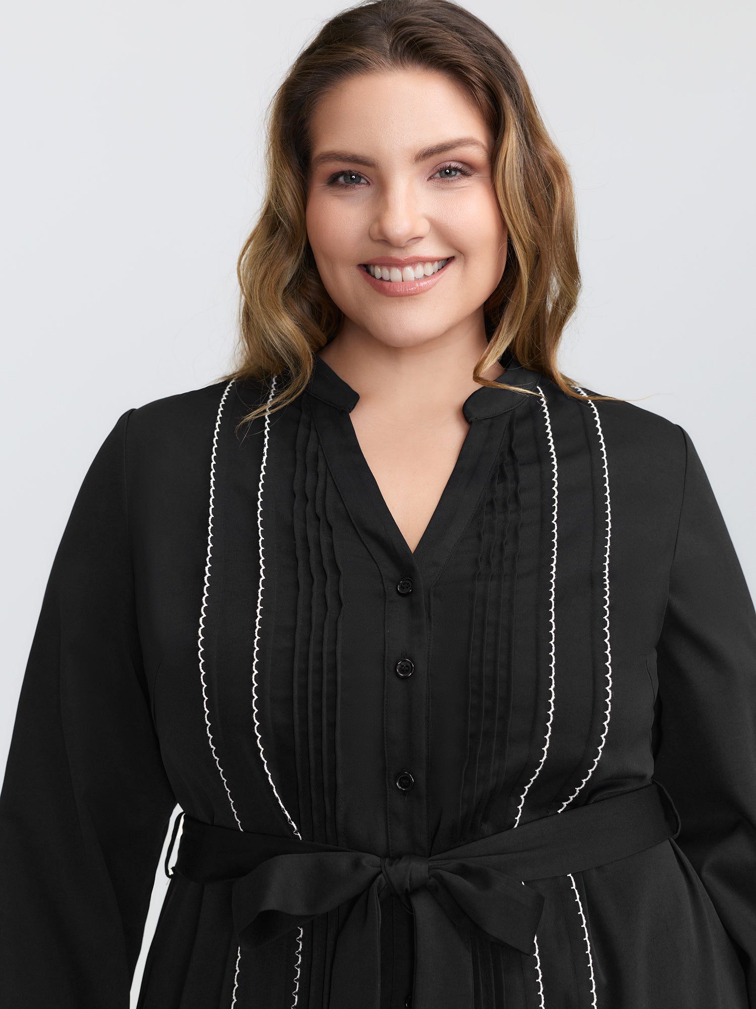 Button Front Belted Stitch Detail Midi Dress