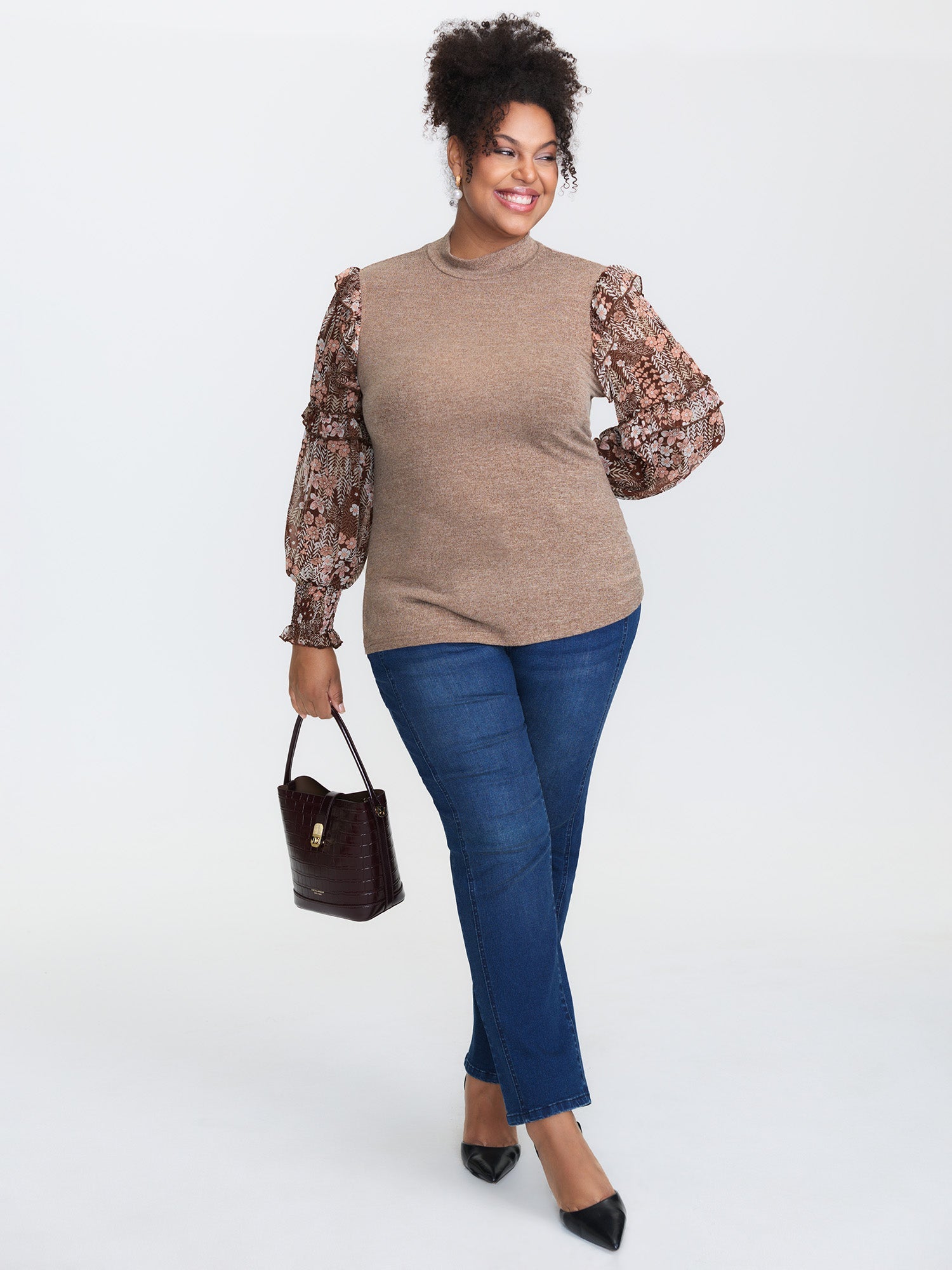 Floral Print Heather Mock Neck Knit Top