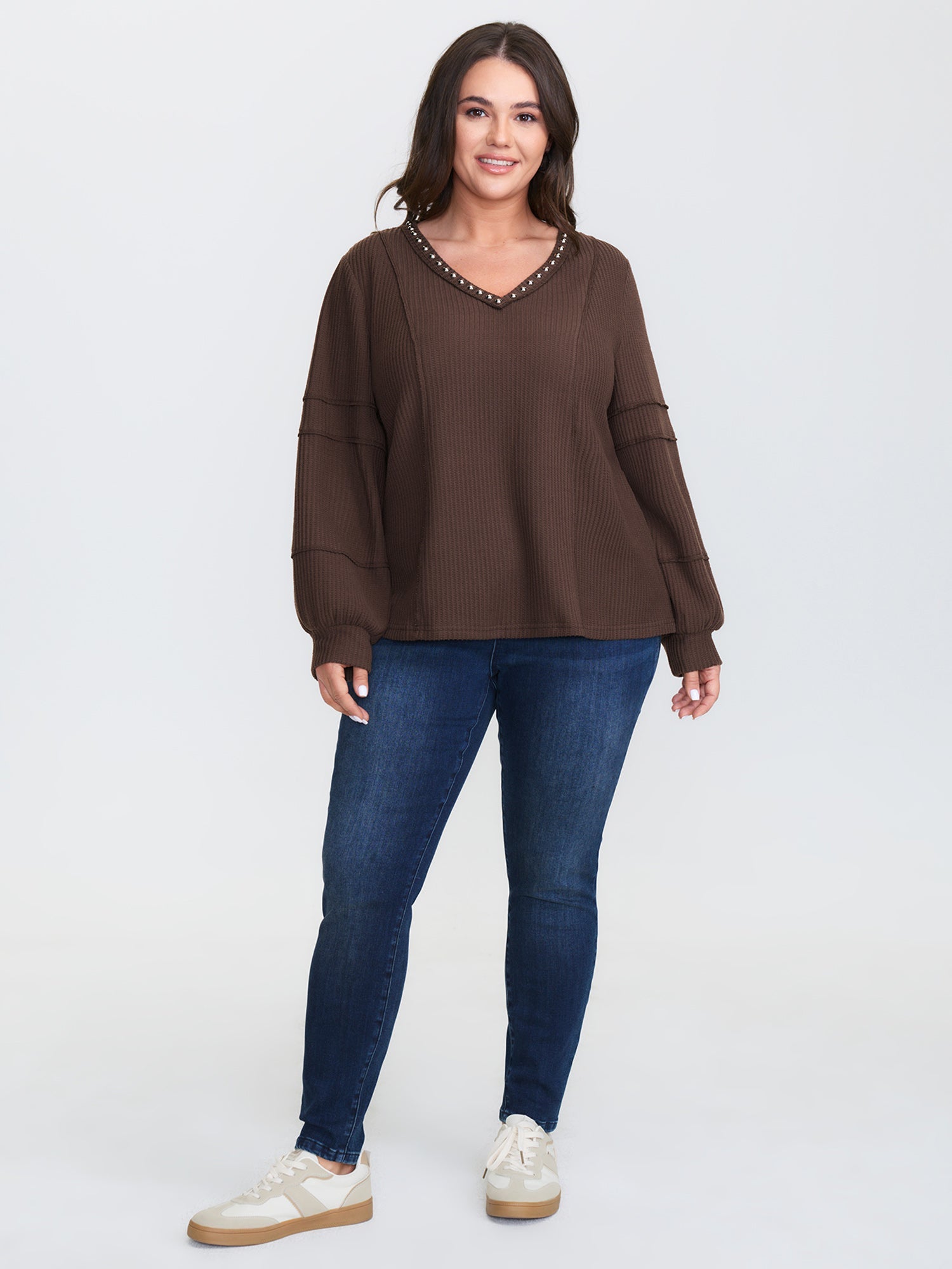 Brushed Waffle Rivet Neckline Sweatshirt