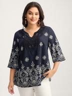 Boho Print Lace Neck Blouse