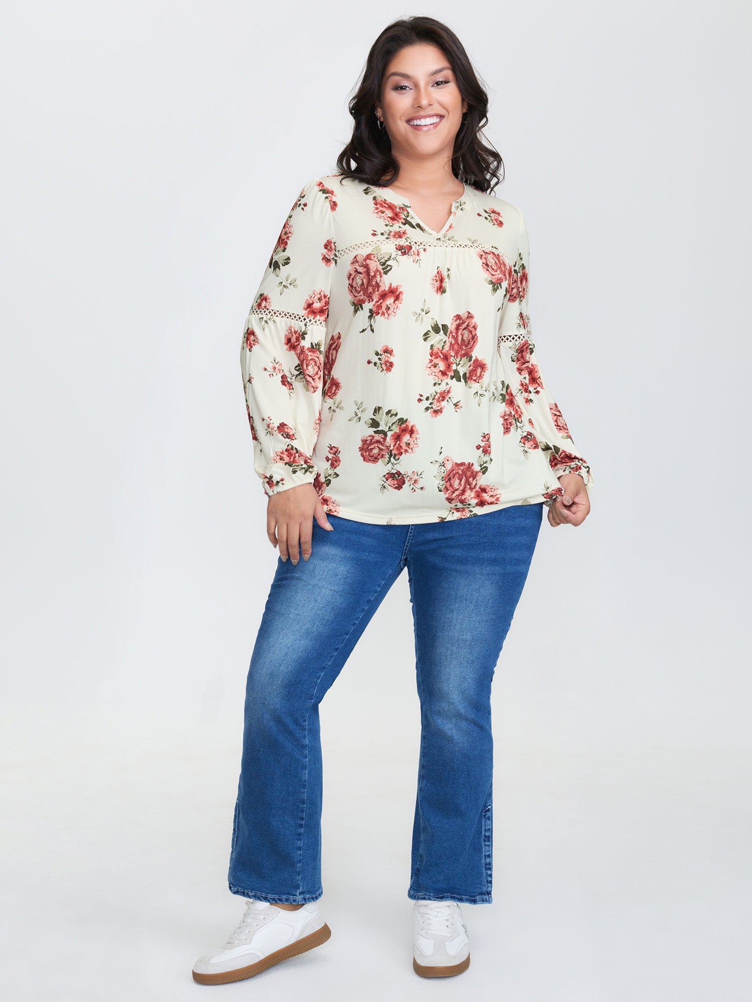 Supersoft Floral Lace Trim Knit Top