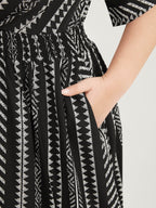 Solid Geometric Dolman Sleeve Pocket Shirred Split Hem Dress