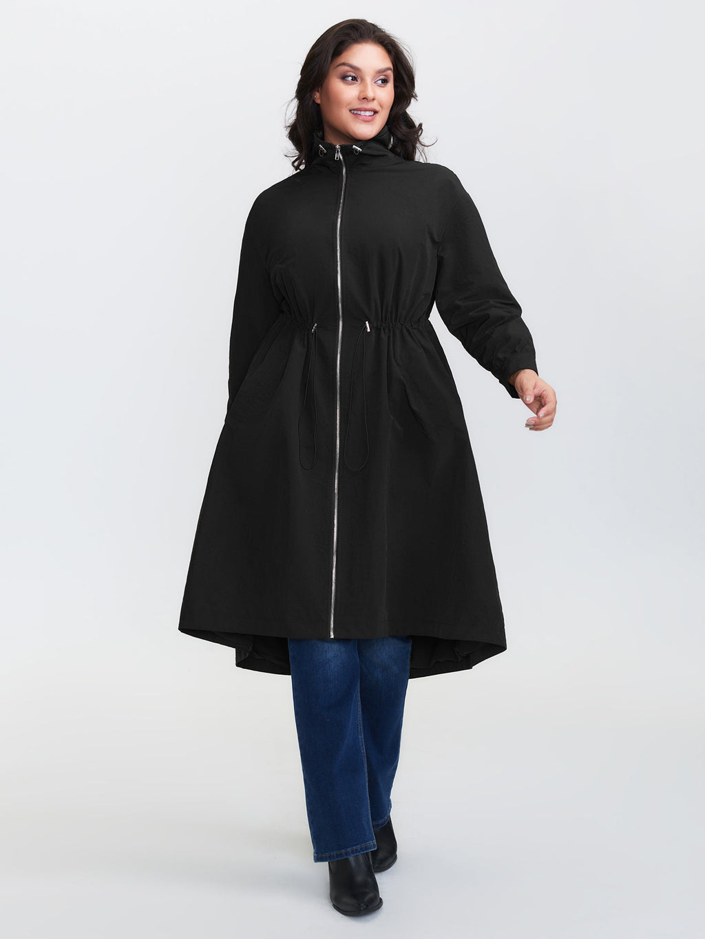 Drawstring Pockets Zipper Long Coat