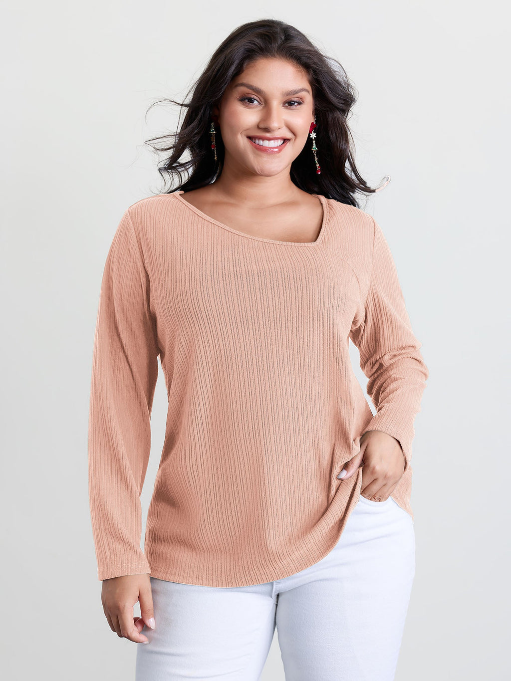 Super Stretchy Ribbed Asymmetrical Neck T-Shirt