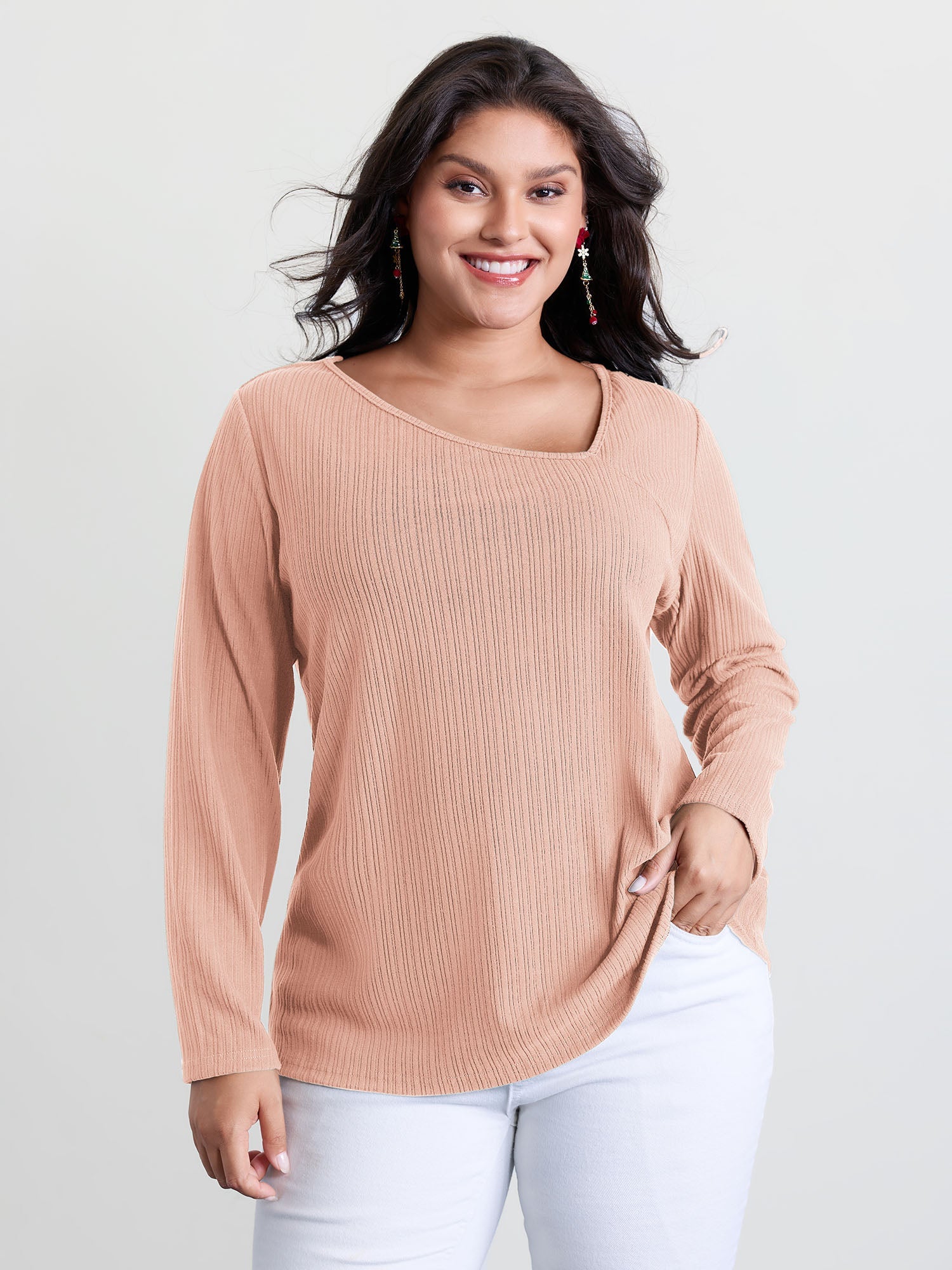 Super Stretchy Ribbed Asymmetrical Neck T-Shirt