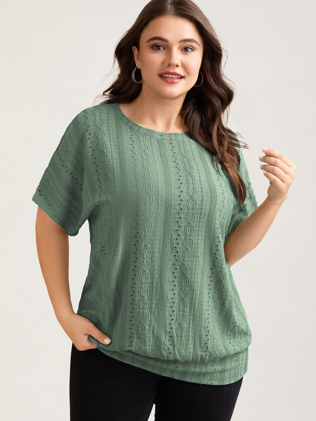 Eyelet Trim Stretchy Textured Plain Top