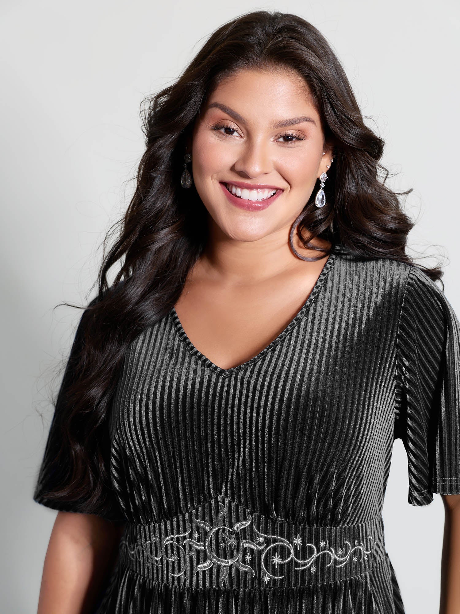 Velvet Celestial Embroidery Shirred Maxi Dress