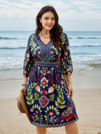 Boho Print V-Neck Pockets Midi Dress