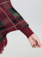 Holiday Plaid Turtleneck Fringe Hem Pullover