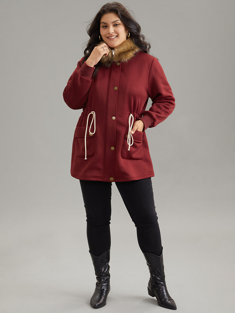 Plian Drawstring Zipper Fuzzy Trim Hooded Coat