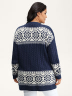 Cable Knit Floral Jacquard Pockets Knit Cardigan