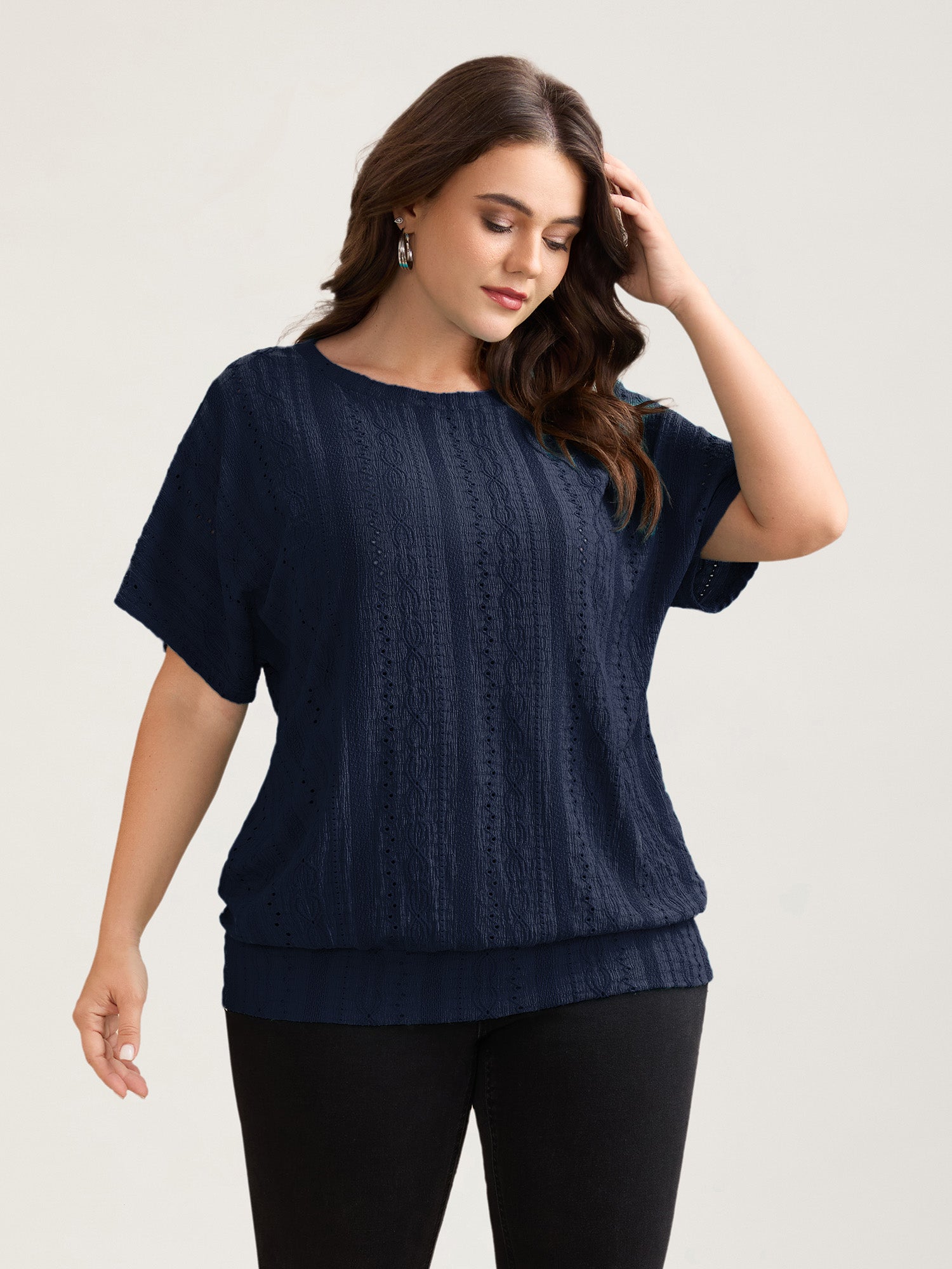 Eyelet Trim Stretchy Textured Plain Top