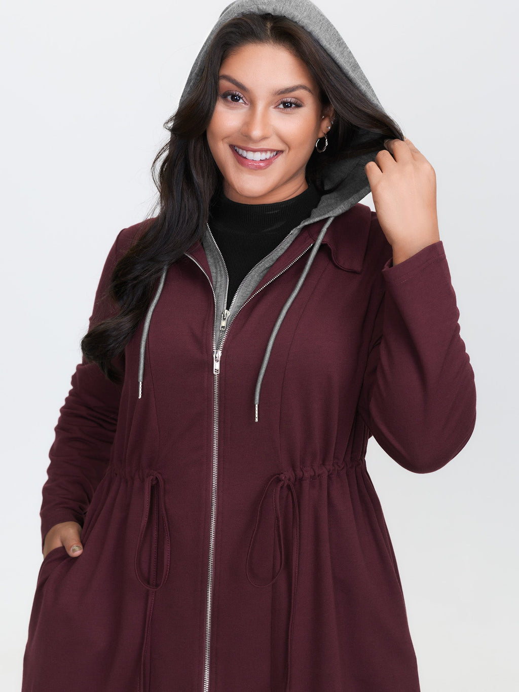 Stretchy Color Contrast Hooded Coat