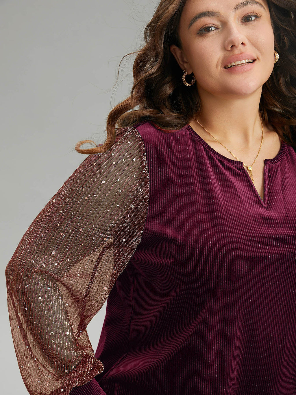 Velvet Patchwork Mesh Sequin Notched T-shirt