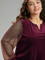 Velvet Patchwork Mesh Sequin Notched T-shirt