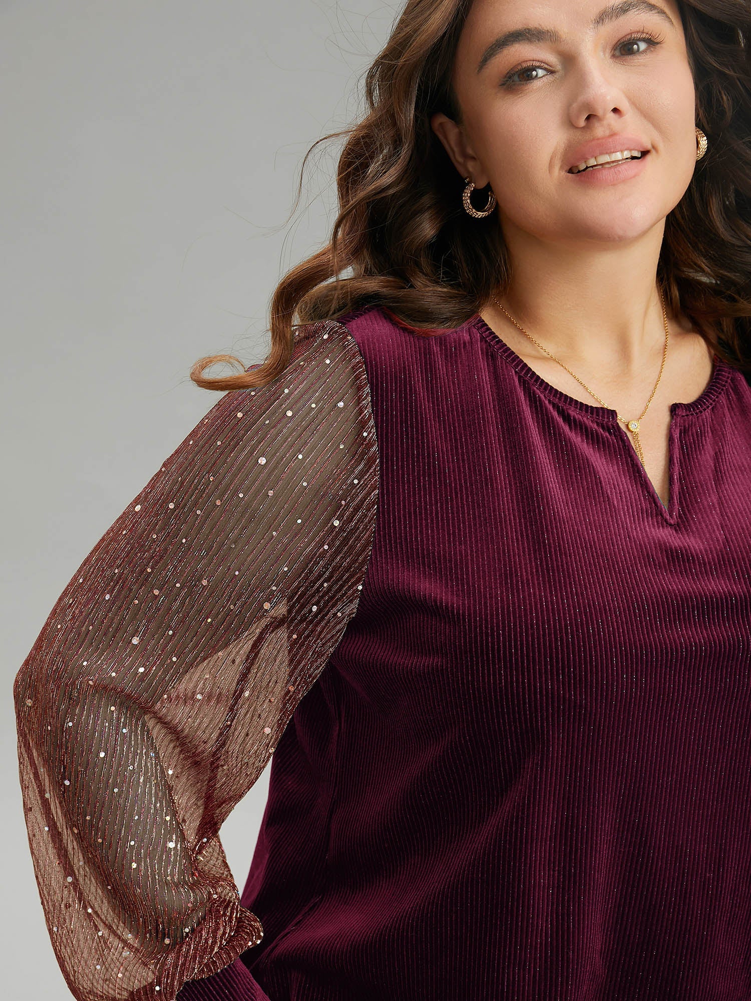 Velvet Patchwork Mesh Sequin Notched T-shirt