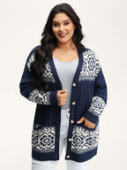 Cable Knit Floral Jacquard Pockets Knit Cardigan