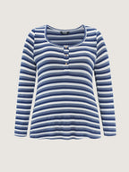 Striped Button Placket Fitted T-Shirt