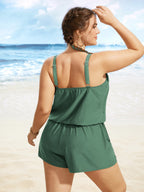 Solid Keyhole Elastic Waist Gathered One Piece Swimsuit
