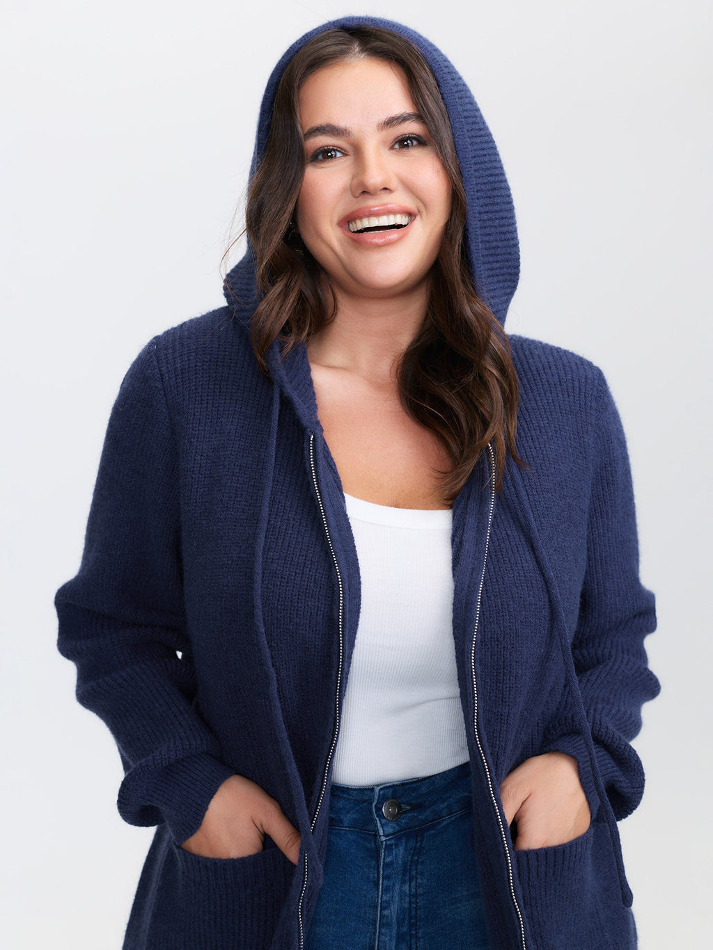 Textured Hooded Pockets Zipper Cardigan