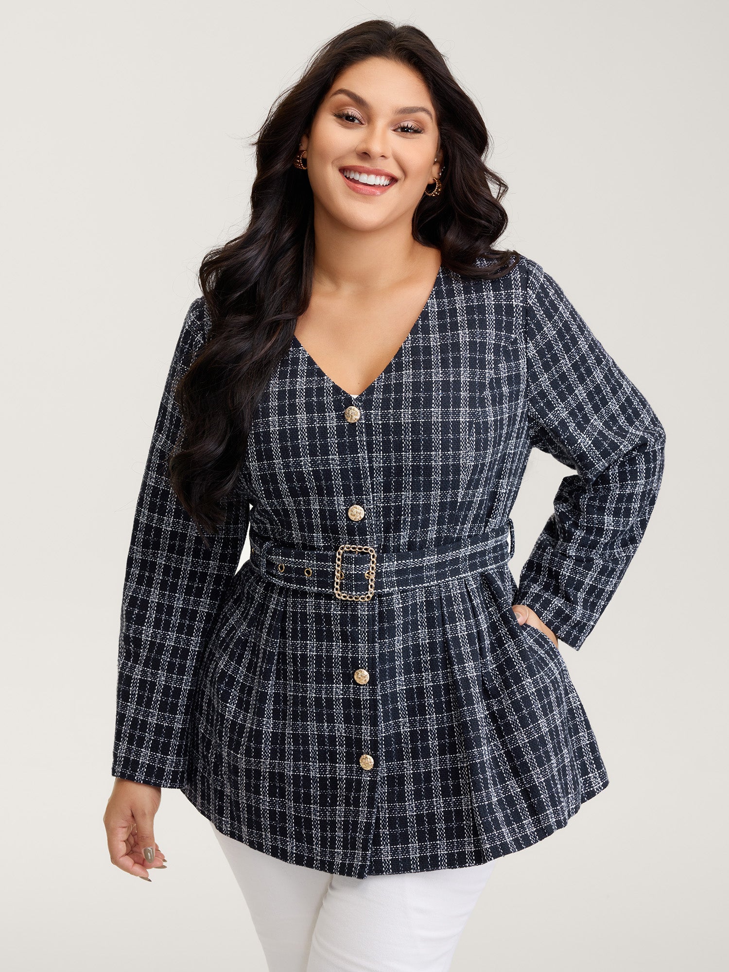 Tweed Pockets Belted Button Coat