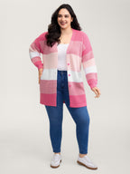 Colorblock Contrast Texture Button Cardigan