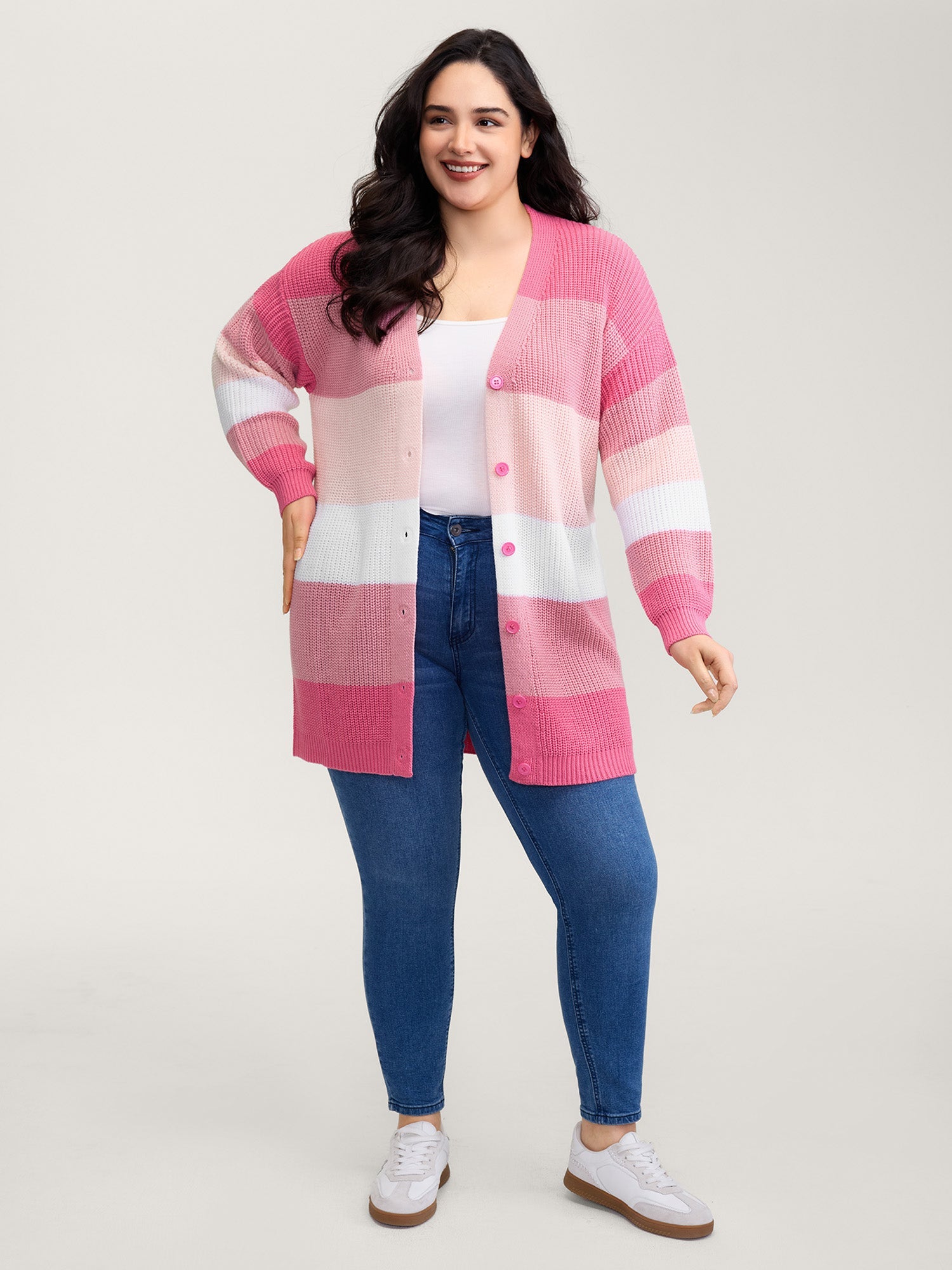 Colorblock Contrast Texture Button Cardigan