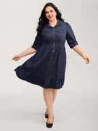Denim Ruffled Hem Pockets Shirt Dress