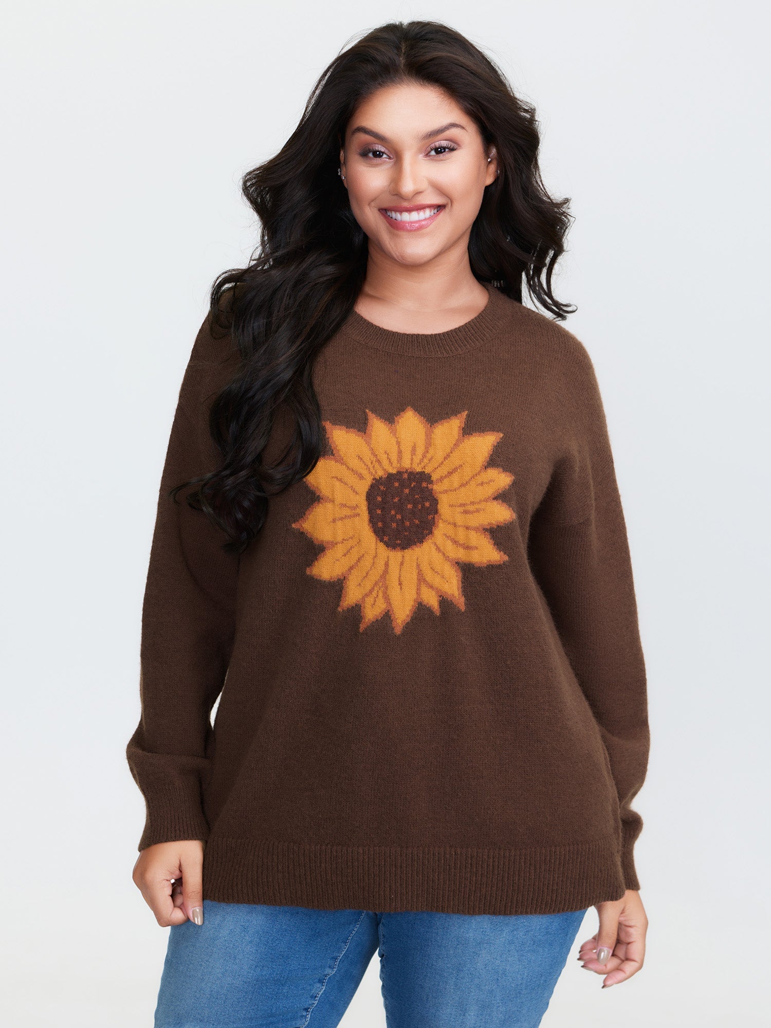 Supersoft Sunflower Pattern Round Neck Pullover