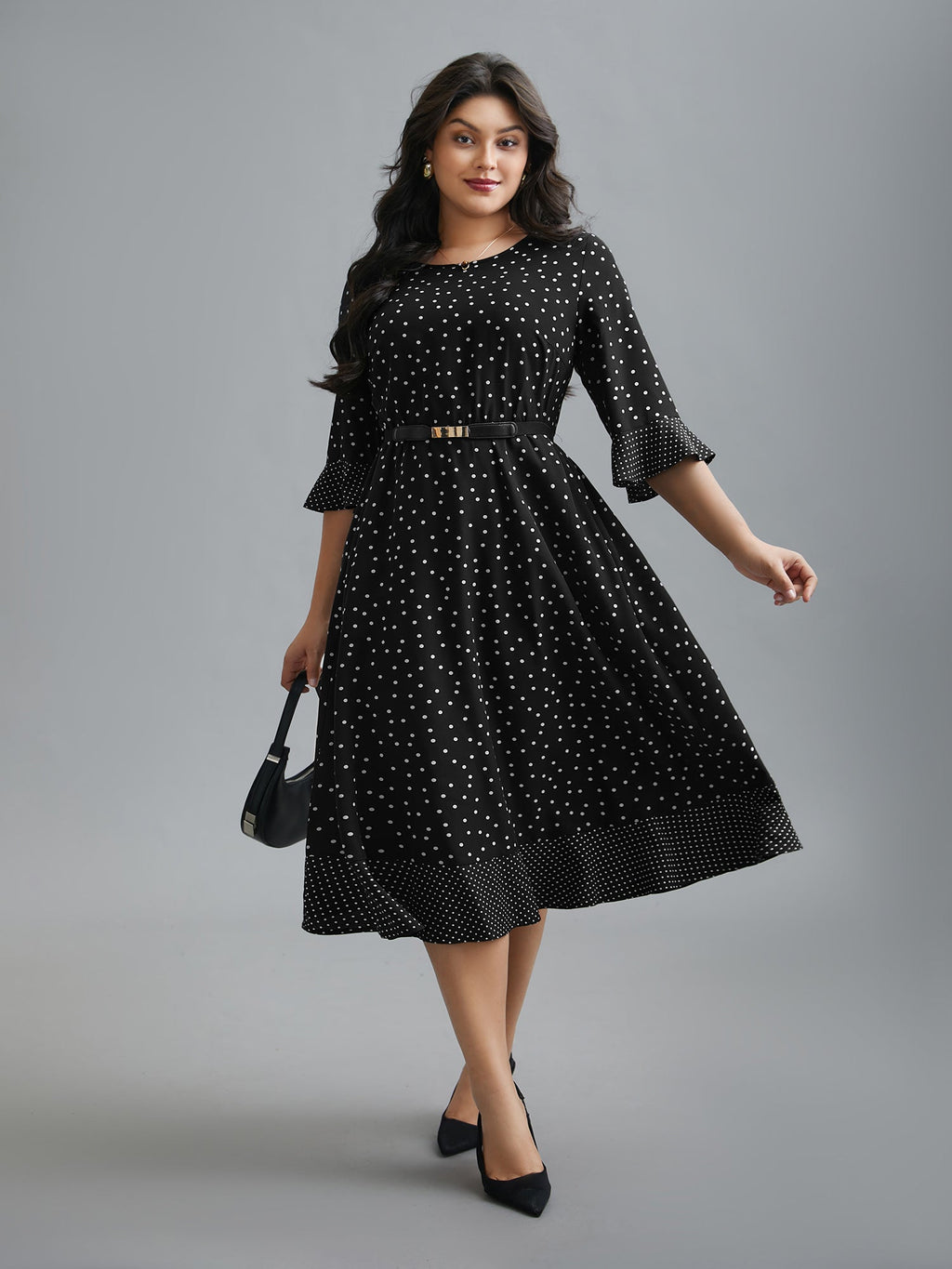 Crew Neck Polka Dot Waist Cinched Dress