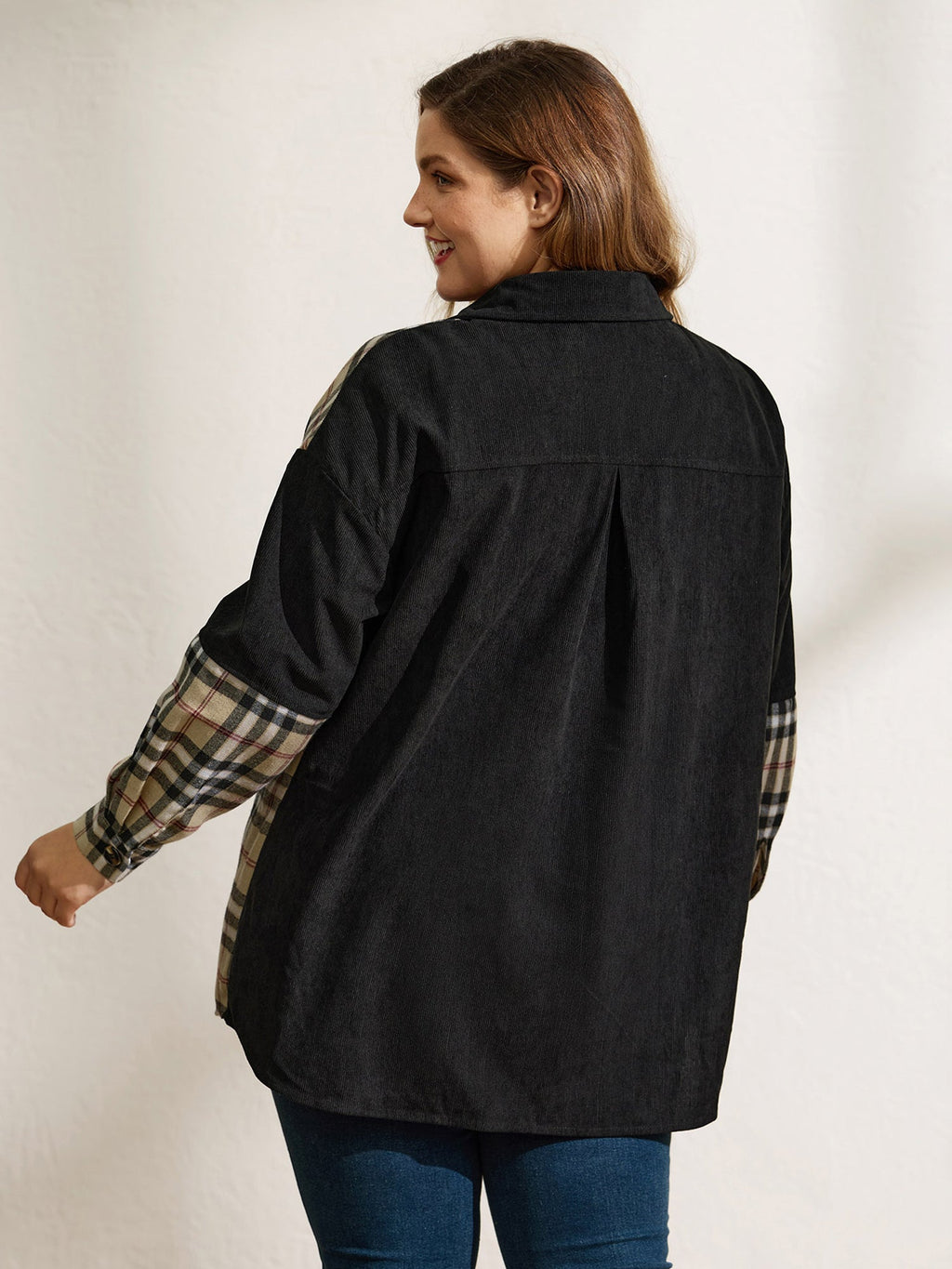 Corduroy Plaid Print Contrast Jacket