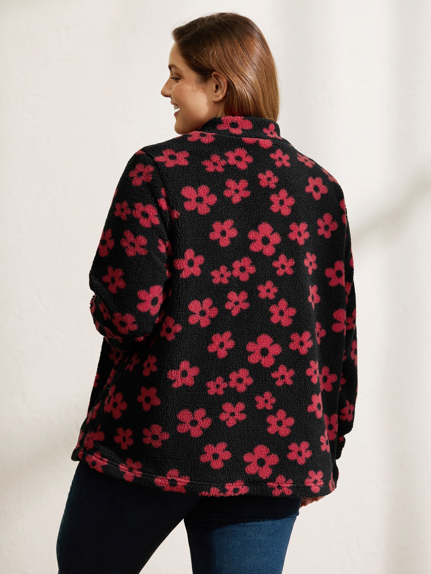 Jacquard Plush Floral Zipper Jacket