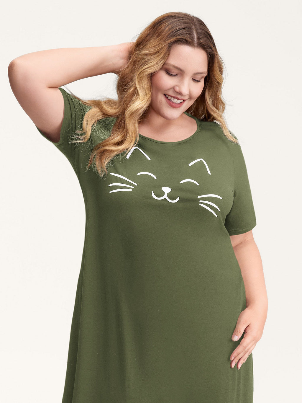 Happy Cat Print Stretchy Contrast Sleep Dress