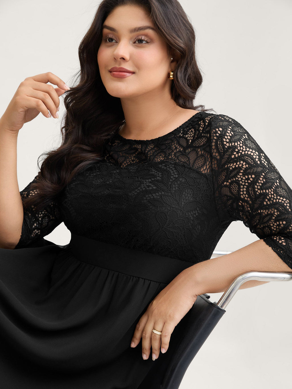 Lace Patchwork Shirred Midi Pocket Dress