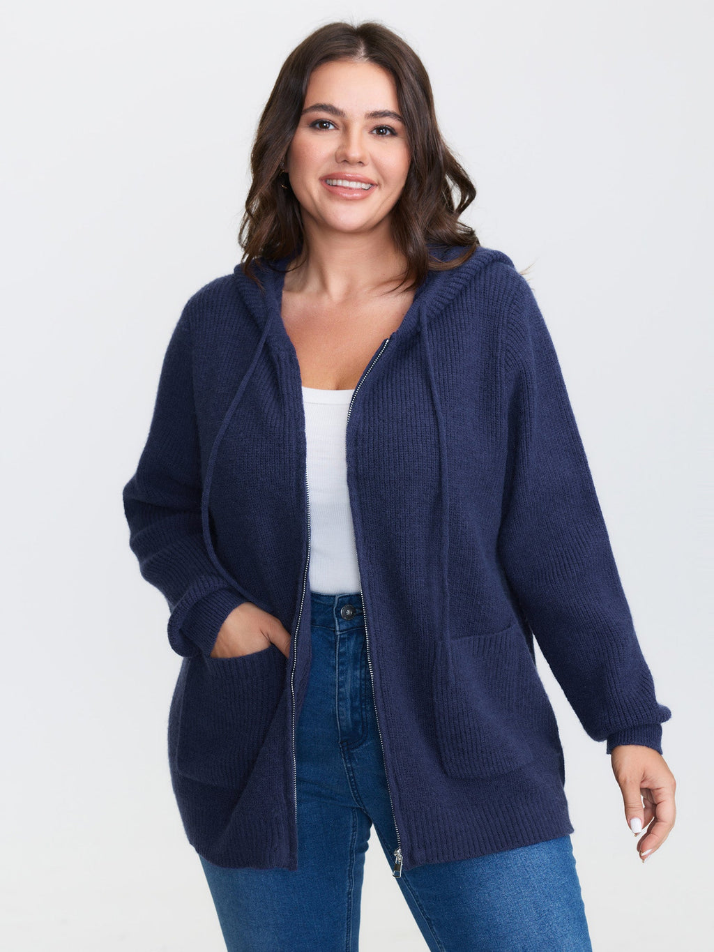 Textured Hooded Pockets Zipper Cardigan