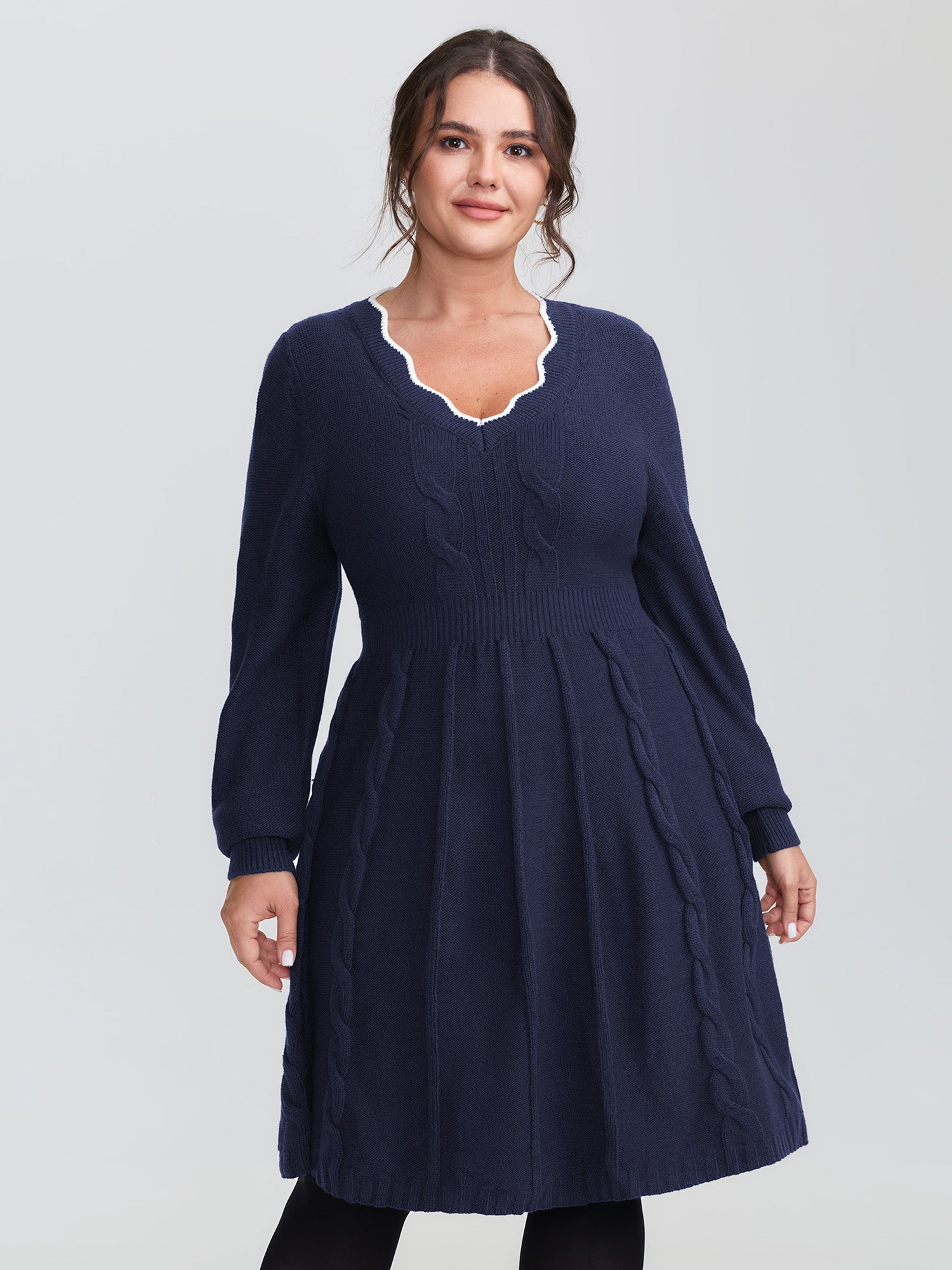 Scalloped V-Neck Fit and Flare Sweater Dress