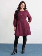 Tweed Metal Button Stretchy Waist Knee Dress