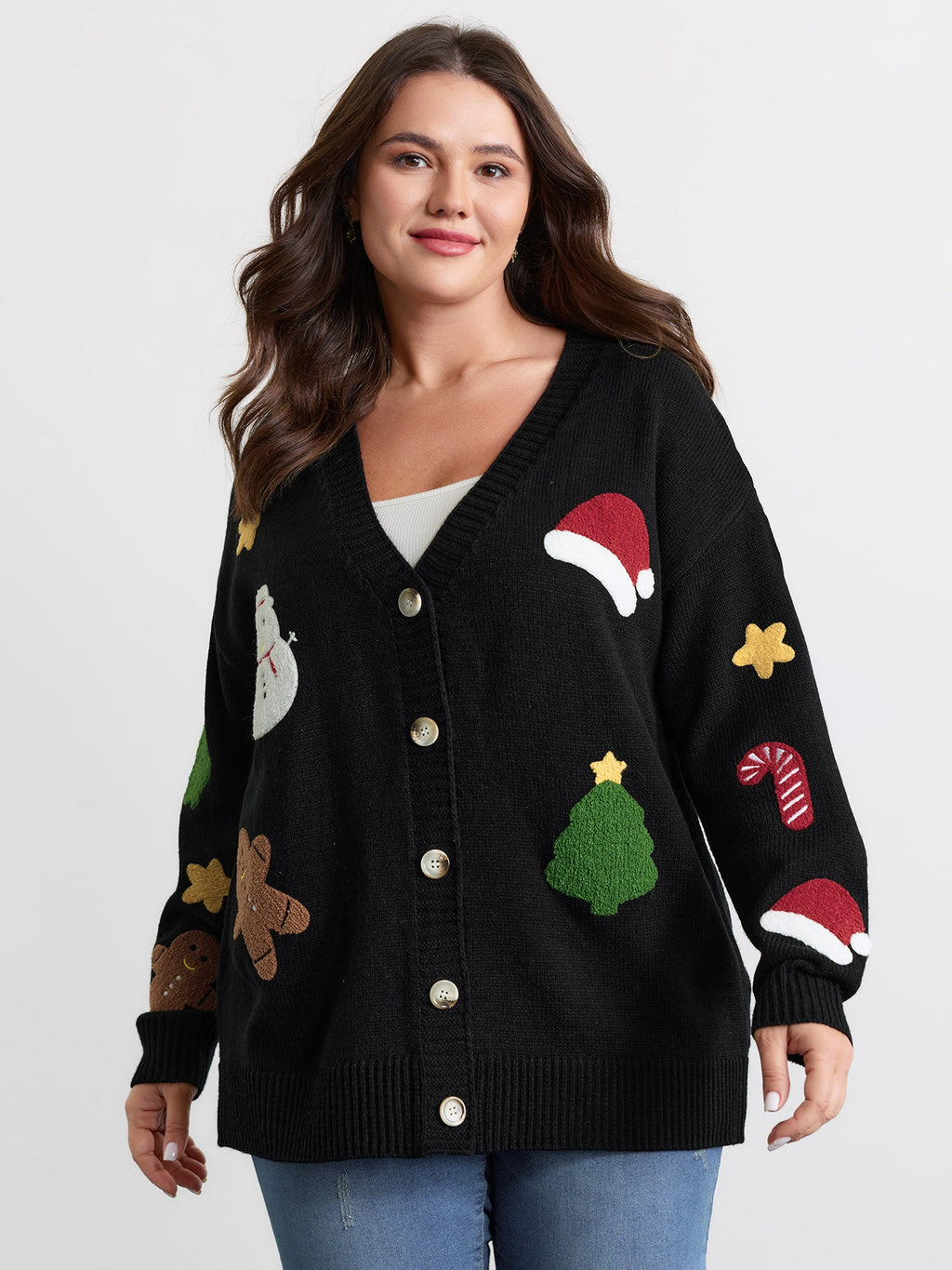 Gingerbread Santa Embroidery Knit Cardigan