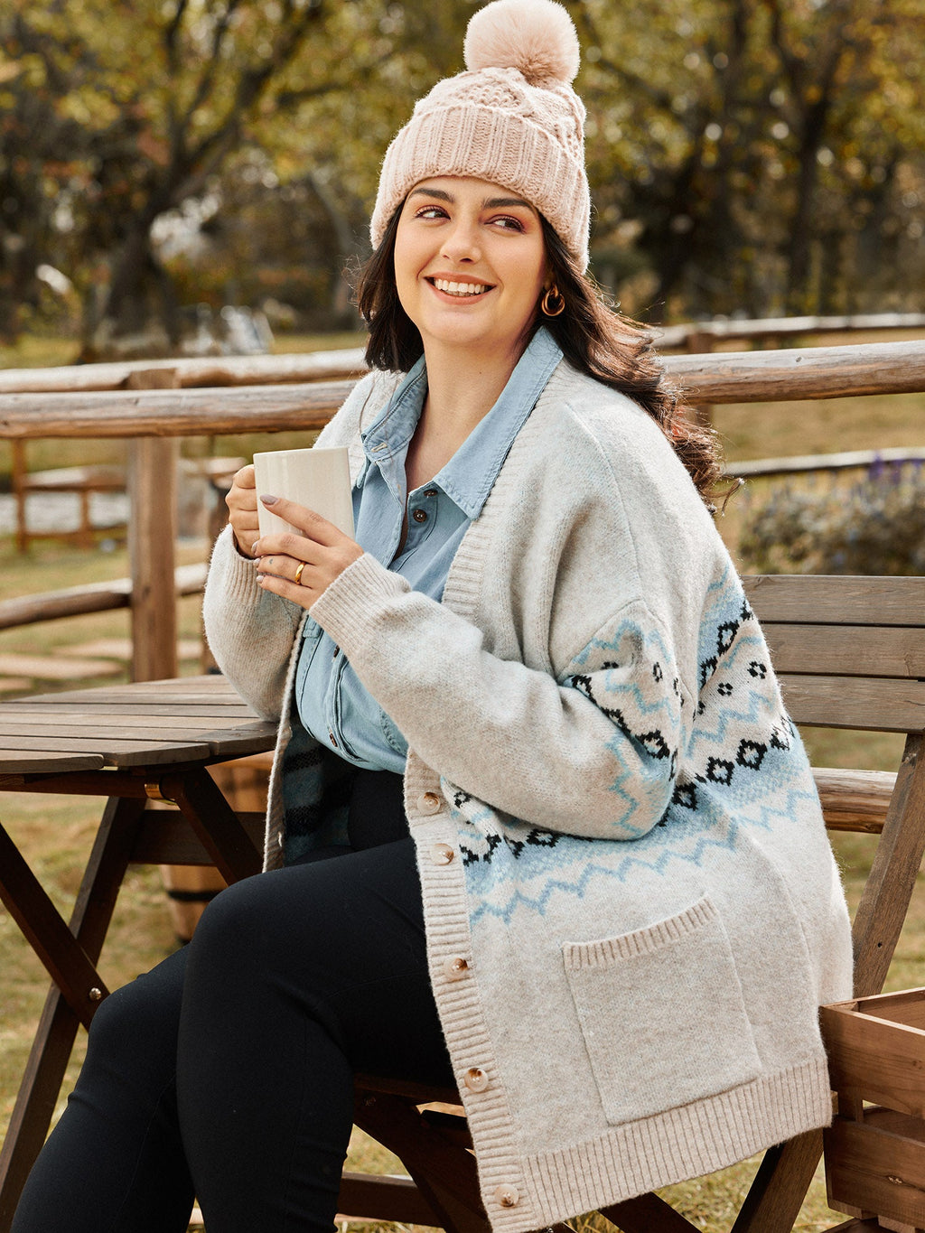 V-Neck Geometric Pattern Button Front Cardigan