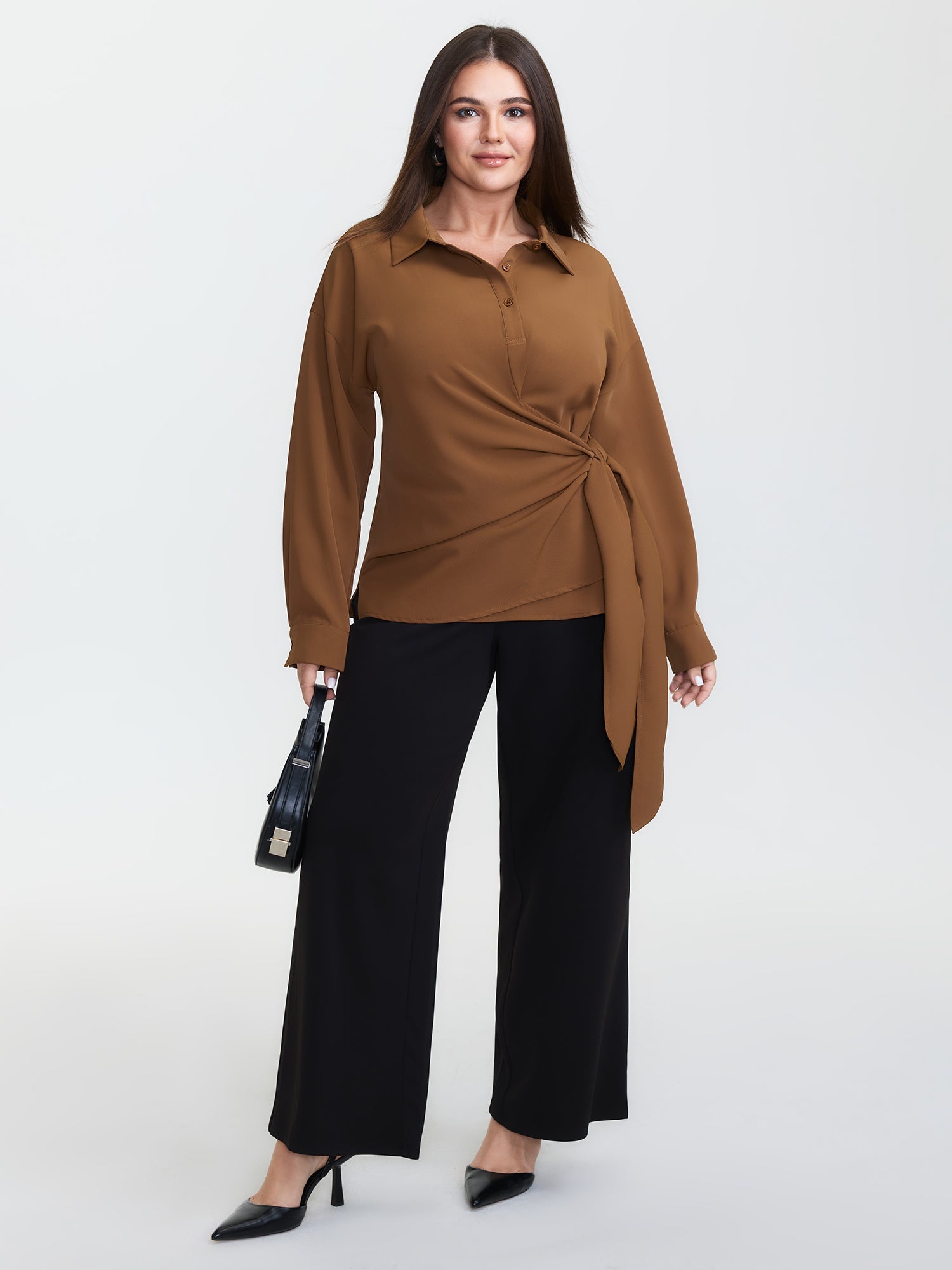 Wrap Tie Side Shirt Collar Blouse