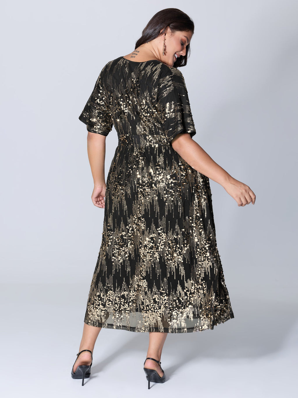 Sparkly Sequins Wrap Neck Midi Dress