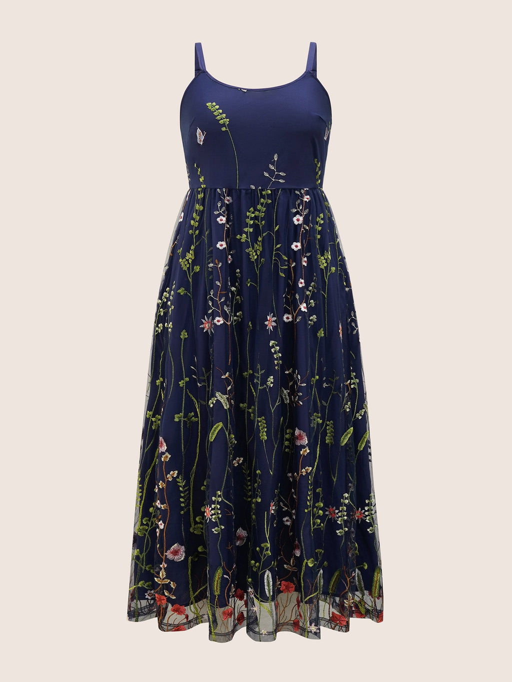U Neck Floral Embroidered Mesh Cami Dress
