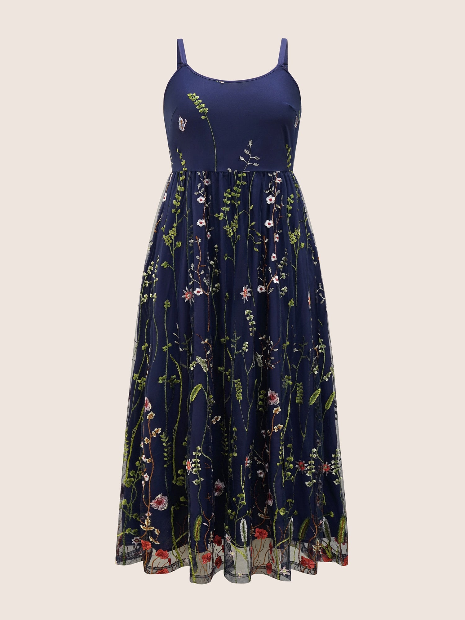 U Neck Floral Embroidered Mesh Cami Dress