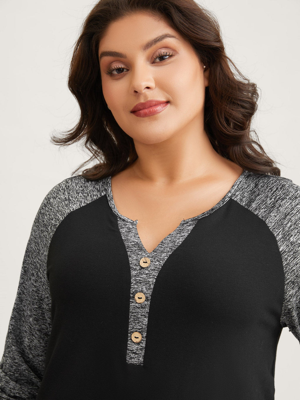Heather Patchwork Button Detail Stretchy T-Shirt