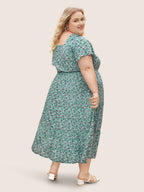 Ditsy Floral Sweetheart Drawstring Pocket Tiered Dress